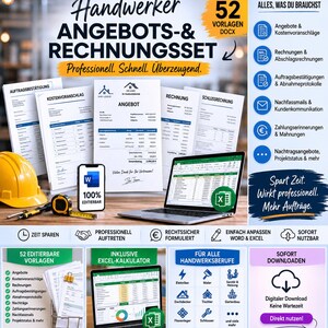 Könnte beinhalten: Werbebild für ein Geschäftsprogramm. Das Bild zeigt einen Laptop, ein Smartphone und gedruckte Dokumente. Der Text enthält "Handwerker Angebots- & Rechnungssset" und "52 Vorlagen DOCX". Ein gelber Bauhelm und ein Maßband sind ebenfalls zu sehen.