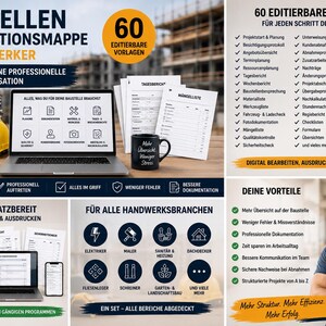 Puede incluir: Un conjunto de carpetas de organización de obras con 60 plantillas editables para profesionales de la construcción. Incluye documentos digitales para planificación de proyectos, informes diarios y listas de materiales en una laptop.