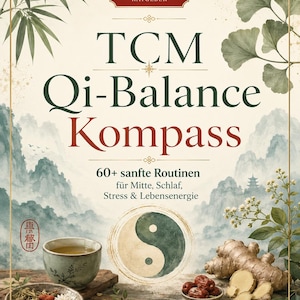 May include: A book cover titled TCM Qi-Balance Kompass with a yin-yang symbol, a tea cup, ginger root, and dried herbs. The background features a light-colored landscape illustration with bamboo and ginkgo leaves, and text detailing 60+ routines.