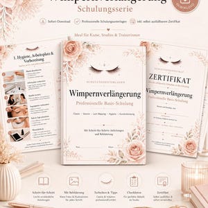 Könnte beinhalten: Ein digitales Schulungsset für Wimpernverlängerung mit floralen Akzenten, bestehend aus einem Handbuch mit dem Titel Wimpernverlängerung, einem Hygiene-Vorbereitungsblatt und einer Zertifikatsvorlage, verziert mit zarten rosa Rosen.