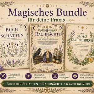May include: Three rectangular books titled Buch der Schatten, Rauhnächte, and Das Grosse Kräutergrimoire with cream-colored covers featuring illustrations of ravens, owls, candles, crystals, and botanical wreaths, all set against a decorative border.