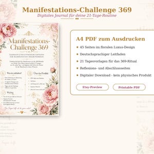 Défi de Manifestation 369 (PDF allemand) | Journal de 21 jours | Carnet de Manifestation | Modèle d'affirmations | Modèle A4 imprimable au design floral luxueux