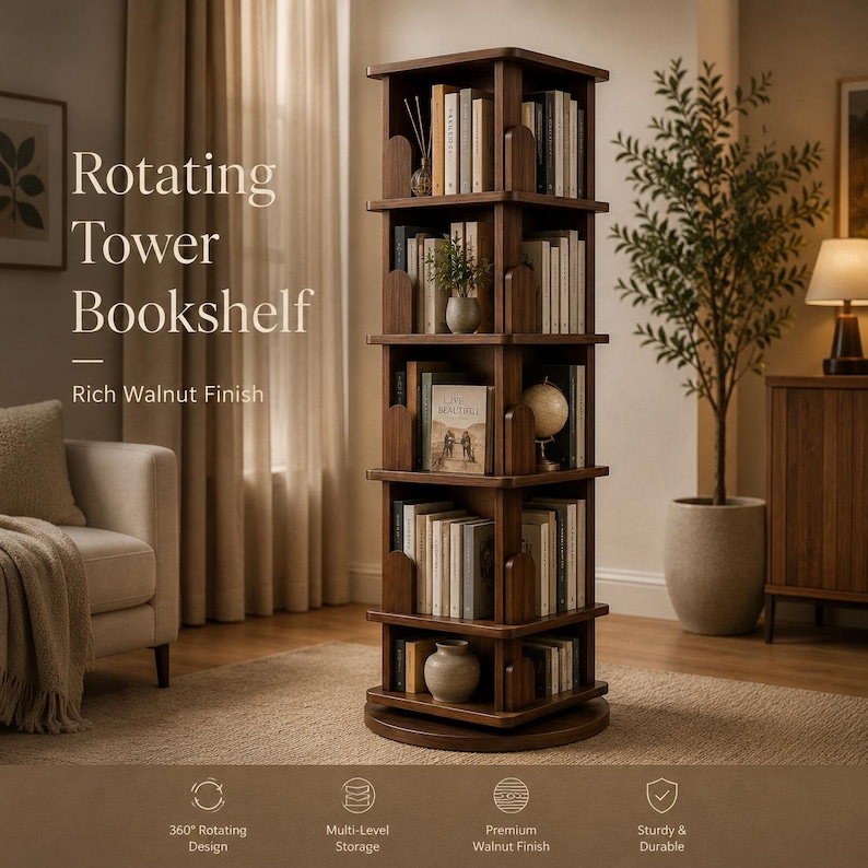 May include: A rotating tower bookshelf with a rich walnut finish. The bookshelf has multiple shelves filled with books, decorative items, and a globe. The text on the image reads "Rotating Tower Bookshelf" and "Rich Walnut Finish".