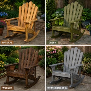 May include: A set of four wooden rocking chairs with a high, fan-shaped backrest and wide armrests. The chairs are shown in four distinct finishes: natural light wood, olive green, dark walnut brown, and a muted weathered gray tone.