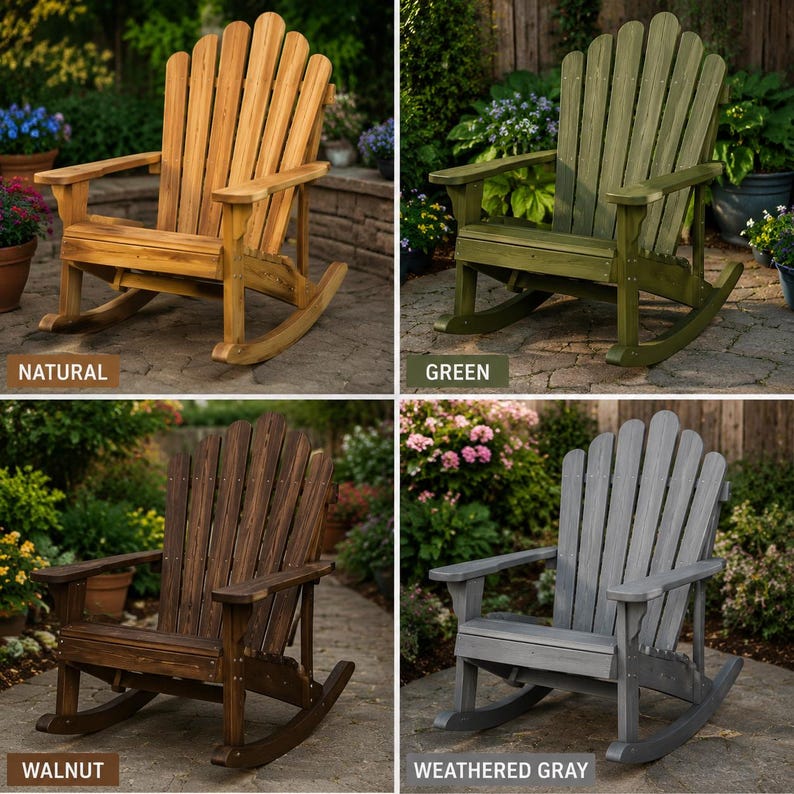 May include: A set of four wooden rocking chairs with a high, fan-shaped backrest and wide armrests. The chairs are shown in four distinct finishes: natural light wood, olive green, dark walnut brown, and a muted weathered gray tone.