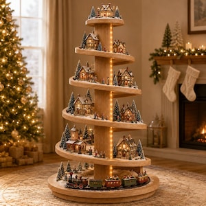 May include: A multi-tiered wooden spiral display stand featuring a miniature Christmas village with illuminated houses, evergreen trees, and small figurines. A toy train with several cars travels along the base track of the structure.
