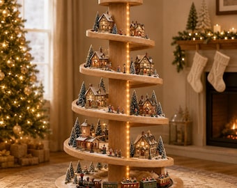 Plano para montar un soporte de exhibición de pueblo navideño, PDF de carpintería con diseño de árbol en espiral, descarga digital.