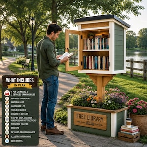 Puede incluir: Una pequeña biblioteca pública de madera verde y blanca con puerta de cristal, llena de libros. La biblioteca está montada sobre un poste de madera encima de una jardinera llena de flores. Una persona está leyendo un libro frente a la biblioteca.