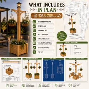 Puede incluir: Un documento digital de 21 p&aacute;ginas con planos de carpinter&iacute;a para un poste de luz de cedro con jardinera. Incluye lista de materiales, lista de herramientas, lista de corte, instrucciones de montaje y dimensiones finales de 2,59 metros de altura.