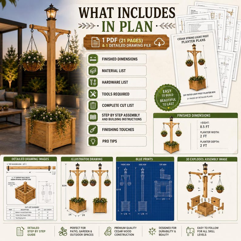 Puede incluir: Un documento digital de 21 p&aacute;ginas con planos de carpinter&iacute;a para un poste de luz de cedro con jardinera. Incluye lista de materiales, lista de herramientas, lista de corte, instrucciones de montaje y dimensiones finales de 2,59 metros de altura.