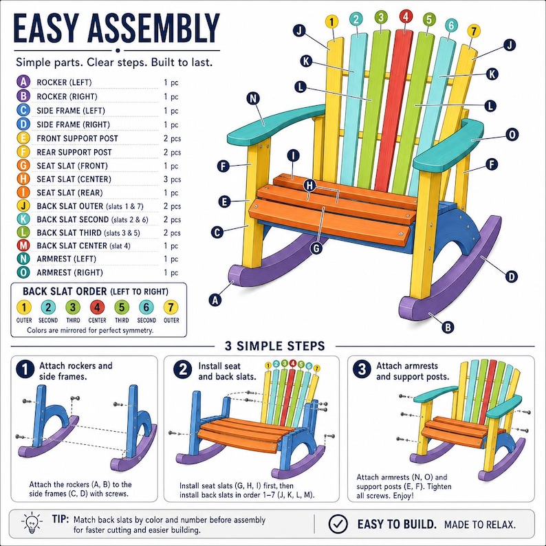 May include: An instructional assembly diagram for a multi-colored rocking chair. The graphic features a labeled illustration of the chair with parts A through O, a parts list, a color-coded back slat guide, and three numbered steps for assembly.