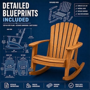 May include: A wooden rocking chair shown alongside technical blueprints on a blue background. The image includes an exploded view, side, front, and top views with dimensions in inches, such as 41 1/4" overall height and 40" overall depth.
