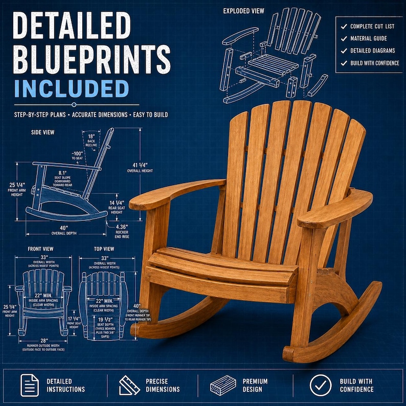 May include: A wooden rocking chair shown alongside technical blueprints on a blue background. The image includes an exploded view, side, front, and top views with dimensions in inches, such as 41 1/4" overall height and 40" overall depth.