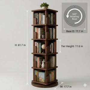 May include: A dark brown, rotating bookshelf with five tiers, each holding books and decorative items. The base and width are 17.7 inches, the height is 61.7 inches, and the tier height is 11.6 inches. A small plant sits on top. The bookshelf has a 360&deg; rotating base.