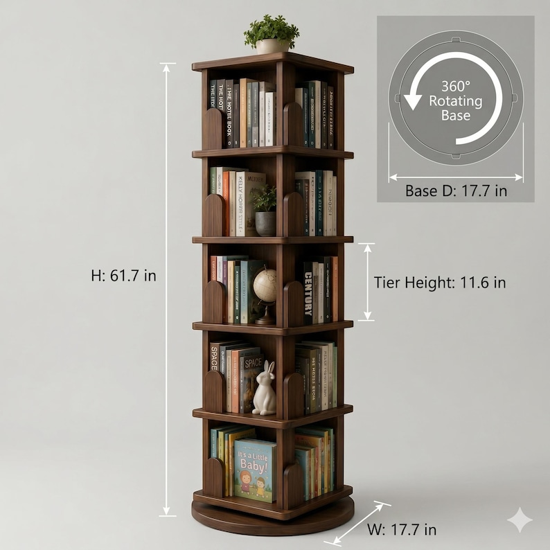 May include: A dark brown, rotating bookshelf with five tiers, each holding books and decorative items. The base and width are 17.7 inches, the height is 61.7 inches, and the tier height is 11.6 inches. A small plant sits on top. The bookshelf has a 360&deg; rotating base.