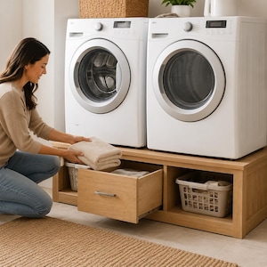 Puede incluir: Un pedestal de madera clara para lavandería que cuenta con un cajón central extraíble con tirador plateado y dos compartimentos de almacenamiento abiertos a los lados, diseñado para sostener dos electrodomésticos blancos.