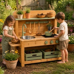 Puede incluir: Una cocina de juegos de exterior de madera con fregadero, estufa y almacenamiento. La cocina tiene un acabado marrón claro con detalles en verde. Dos niños juegan con la cocina, que incluye ollas, sartenes y utensilios. La cocina está rodeada de plantas y flores.