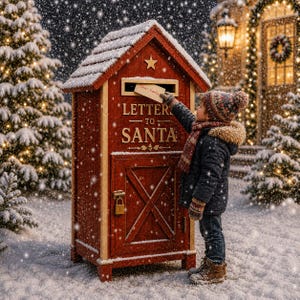 May include: A tall, red wooden post box with a peaked roof covered in snow, featuring the text "LETTERS TO SANTA" in gold lettering. A gold star is above the mail slot, and a gold padlock secures the lower door. The post box stands in the snow.
