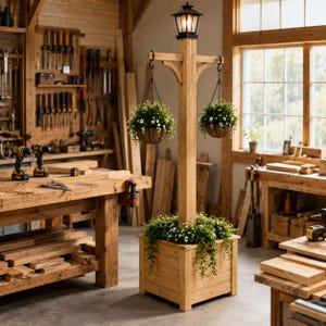 Puede incluir: Una jardinera de madera con un poste central que tiene una linterna negra en la parte superior y dos cestas colgantes llenas de peque&ntilde;as flores blancas. La base del poste est&aacute; rodeada de follaje verde exuberante con flores blancas, en un taller.
