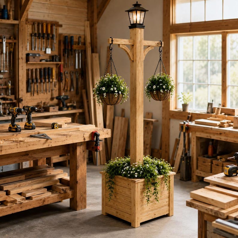 Puede incluir: Una jardinera de madera con un poste central que tiene una linterna negra en la parte superior y dos cestas colgantes llenas de peque&ntilde;as flores blancas. La base del poste est&aacute; rodeada de follaje verde exuberante con flores blancas, en un taller.