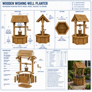 May include: A wooden wishing well planter blueprint featuring a hexagon base, roof, rope, bucket, and crank. The diagram includes front, side, top, and isometric views with dimensions in inches, an exploded view of parts, and a materials list.