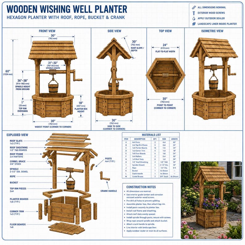 May include: A wooden wishing well planter blueprint featuring a hexagon base, roof, rope, bucket, and crank. The diagram includes front, side, top, and isometric views with dimensions in inches, an exploded view of parts, and a materials list.
