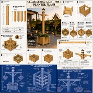 Puede incluir: Una gu&iacute;a de instrucciones de bricolaje para un poste de luz de cedro con jardinera. El documento incluye diagramas t&eacute;cnicos, listas de corte y pasos de montaje para una estructura de 2,6 metros de altura con una base de jardinera cuadrada.