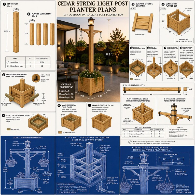 Puede incluir: Una gu&iacute;a de instrucciones de bricolaje para un poste de luz de cedro con jardinera. El documento incluye diagramas t&eacute;cnicos, listas de corte y pasos de montaje para una estructura de 2,6 metros de altura con una base de jardinera cuadrada.