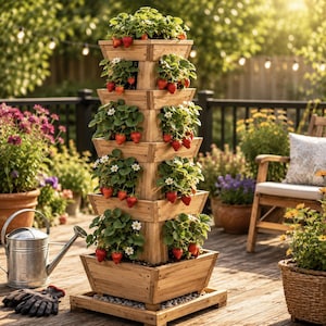 DIY Strawberry Tower Planter Plans PDF | Vertical Garden Planter Woodworking Build Guide