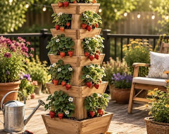 DIY Strawberry Tower Planter Plans PDF | Vertical Garden Planter Woodworking Build Guide