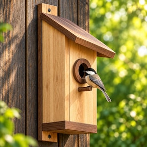 Op de afbeelding: Een houten vogelhuisje met een lichtbruine behuizing en donkerbruine accenten op het dak, de basis en de rand van de opening. Een kleine zwartkopmees met witte wangen en grijze vleugels zit op het cilindervormige houten stokje onder de opening.