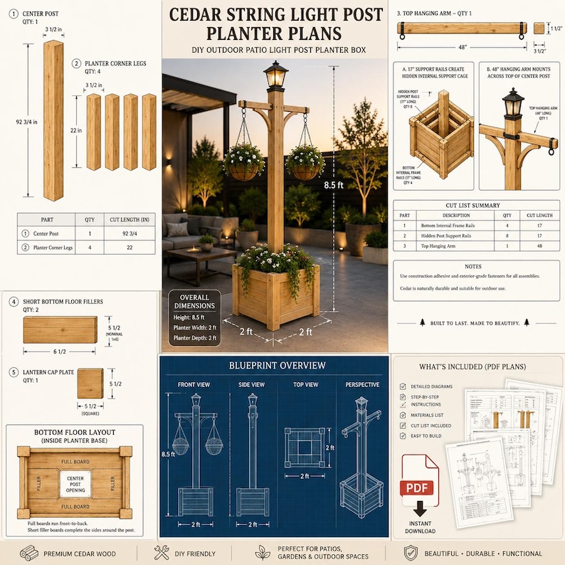 Puede incluir: Planos de jardinera con poste para luces de cadena en cedro para proyectos de patio. Incluye diagramas detallados, listas de corte y dimensiones para una estructura de 2,59 metros de altura con base cuadrada de 0,61 metros y brazos colgantes.