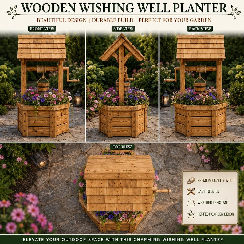 May include: A wooden wishing well planter featuring a hexagonal base, a shingled roof, and a small hanging bucket. The image displays front, side, back, and top views of the structure, which is filled with colorful flowers and greenery.