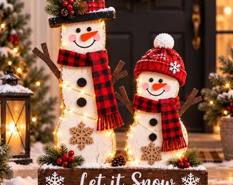 Muñeco de nieve de madera para decoración de porche, plano rústico de carpintería navideña, decoración de jardín invernal, descarga en PDF