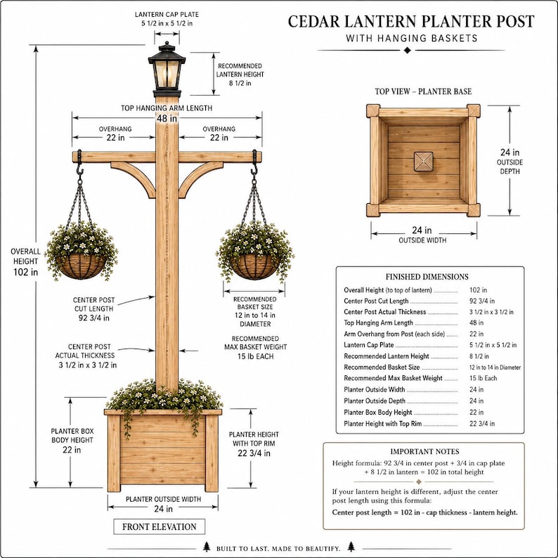 Puede incluir: Un poste jardinera de cedro con cestas colgantes, que incluye una vista frontal y superior. Las dimensiones muestran una altura total de 259 cm, una base de 61 cm y una longitud de brazo de 122 cm para cestas de 6,8 kg de peso m&aacute;ximo.