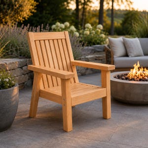 May include: A light brown wooden outdoor chair featuring a slatted backrest, a flat seat, and wide armrests. The chair is constructed with thick, sturdy legs and horizontal wooden slats, showcasing a natural wood grain finish throughout the frame.