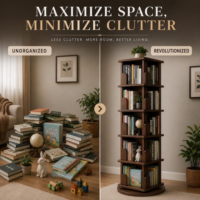 May include: A comparison image showing an unorganized pile of books versus a dark wood rotating bookshelf filled with books. The text reads "MAXIMIZE SPACE, MINIMIZE CLUTTER" and "LESS CLUTTER. MORE ROOM, BETTER LIVING."