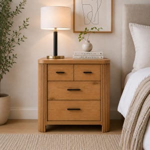 Modern Wood Nightstand with Storage, Wide 3-Drawer Bedside Table, Minimalist Bedroom Furniture Smooth-Glide Drawers