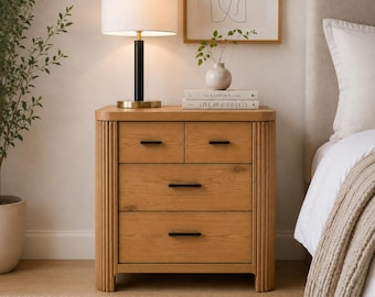 Modern Wood Nightstand with Storage, Wide 3-Drawer Bedside Table, Minimalist Bedroom Furniture Smooth-Glide Drawers
