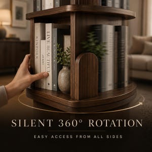 May include: A dark brown, rotating bookshelf with books and decorative items. The bookshelf has multiple shelves and a curved design. The text "SILENT 360&deg; ROTATION" and "EASY ACCESS FROM ALL SIDES" are displayed on the image.