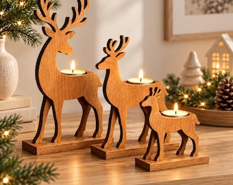 Portavelas de madera con forma de reno (PDF), patrón de carpintería navideña, manualidad para decoración festiva, plantilla de descarga digital.