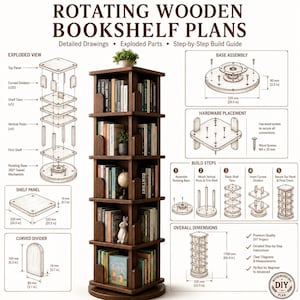 May include: A rotating wooden bookshelf plan with detailed drawings, exploded parts, and step-by-step build guide. The bookshelf has five shelves, curved dividers, and a rotating base. Overall dimensions are 66.9 inches high and 20.5 inches wide.