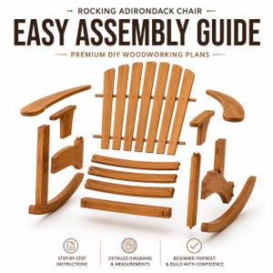 May include: A set of wooden components for a rocking Adirondack chair, displayed in an exploded view. The text reads: ROCKING ADIRONDACK CHAIR EASY ASSEMBLY GUIDE PREMIUM DIY WOODWORKING PLANS. Icons show step-by-step instructions and diagrams.