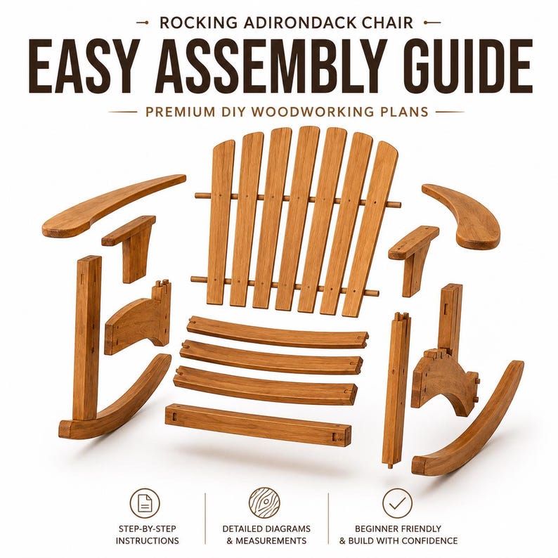 May include: A set of wooden components for a rocking Adirondack chair, displayed in an exploded view. The text reads: ROCKING ADIRONDACK CHAIR EASY ASSEMBLY GUIDE PREMIUM DIY WOODWORKING PLANS. Icons show step-by-step instructions and diagrams.
