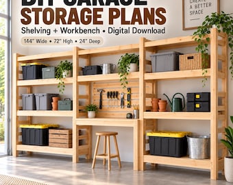 DIY Garage Shelving Plans with Workbench, 12 Ft Storage System, 2x4 Woodworking PDF Download