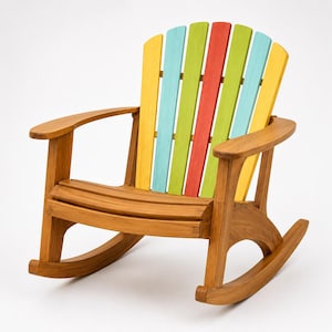 May include: A wooden rocking chair featuring a natural brown finish on the frame, arms, and seat. The backrest is composed of vertical slats painted in a vibrant sequence of yellow, light blue, lime green, red, lime green, and yellow.