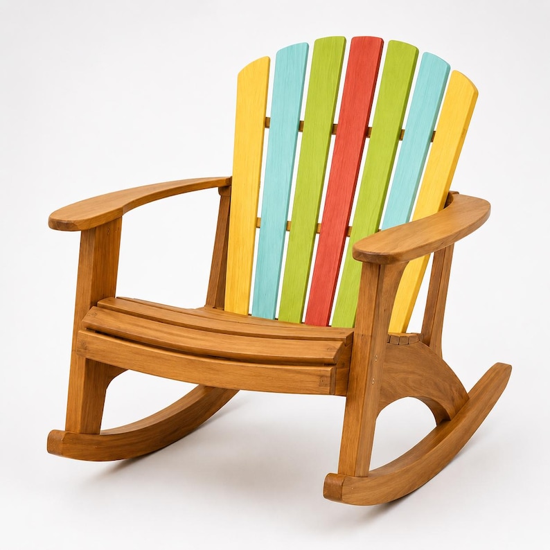 May include: A wooden rocking chair featuring a natural brown finish on the frame, arms, and seat. The backrest is composed of vertical slats painted in a vibrant sequence of yellow, light blue, lime green, red, lime green, and yellow.