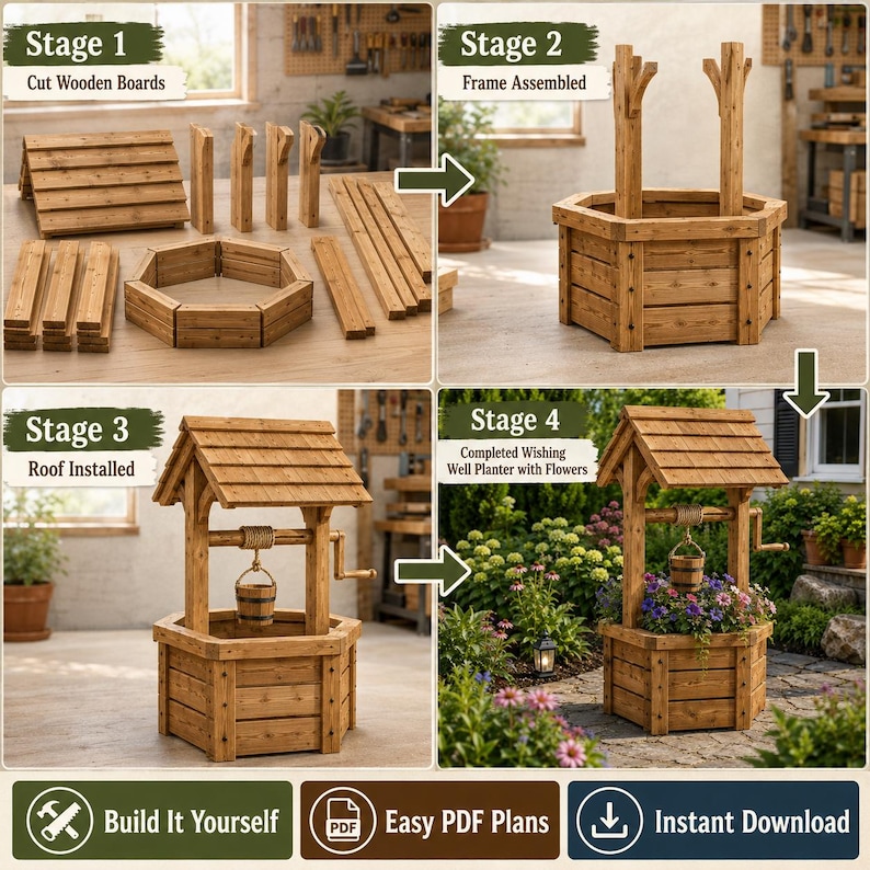 May include: A four-stage instructional guide for a wooden wishing well planter. Stage 1 shows cut wooden boards. Stage 2 shows the assembled frame. Stage 3 shows the roof installed. Stage 4 shows the completed planter filled with flowers.