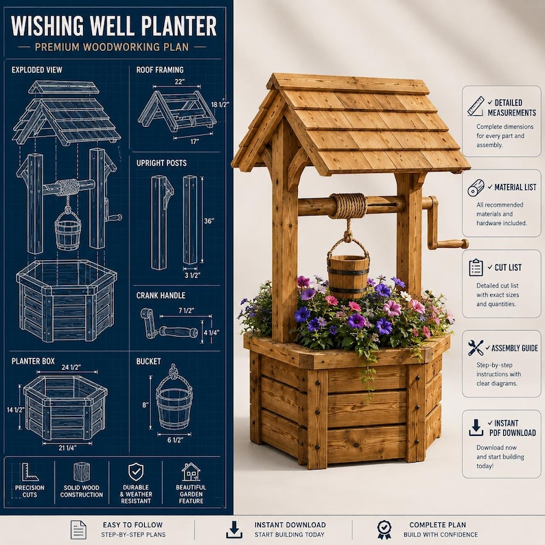 DIY Wooden Wishing Well Plans | Garden Flower Planter Blueprint | Printable PDF Woodworking Plans image 4