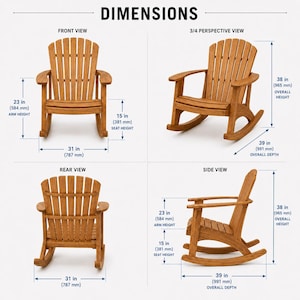 May include: A wooden rocking chair shown in front, rear, side, and 3/4 perspective views with dimension labels. The chair has a slatted back and seat. Dimensions include an overall height of 38 inches, seat height of 15 inches, arm height of 23 inches, and depth of 39 inches.